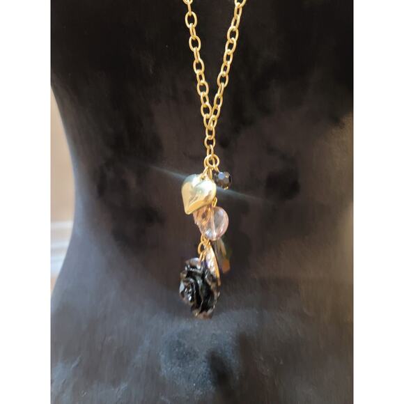 Women's Gold Chain Necklace With Lobster Clasp Black Rose Heart And Bead Charms - Picture 3 of 5